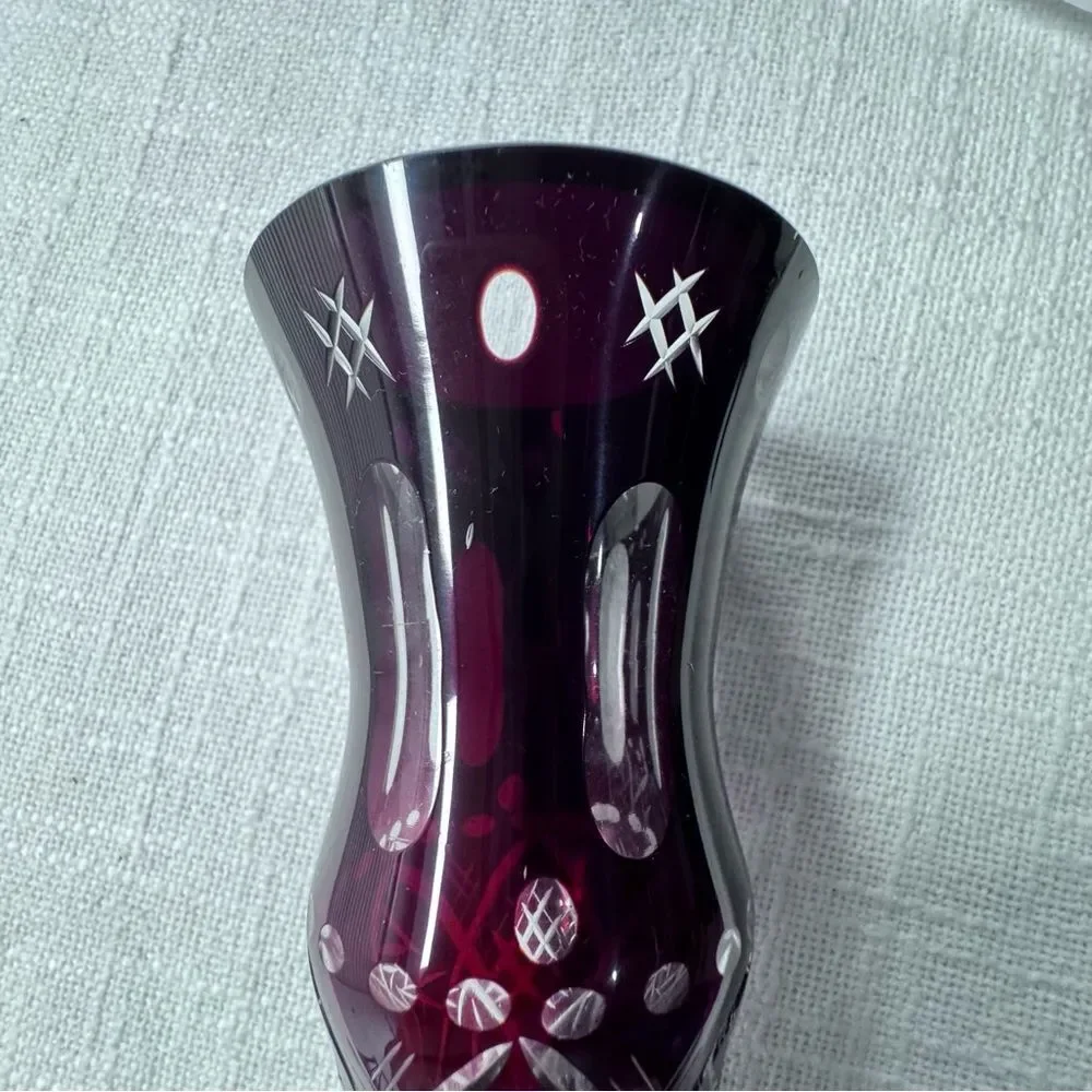Vintage Ruby Cut Glass Boho Mid-Century Vase Floral Etched 11” Tall